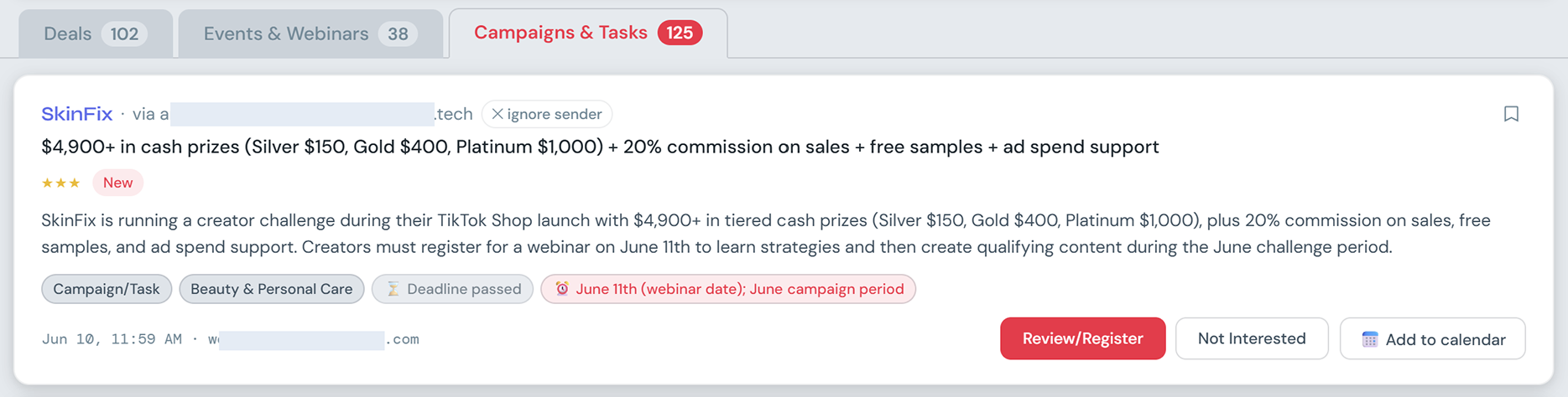 InboxScout Campaigns & Tasks tab showing creator campaign opportunities