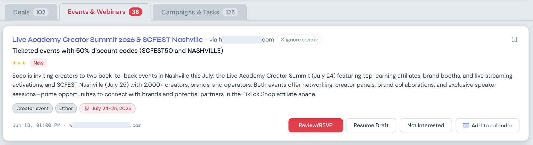 InboxScout Events & Webinars tab showing creator event invitations